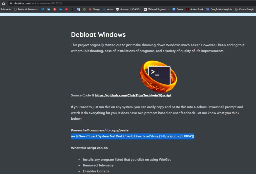 Página do Debloat Windows